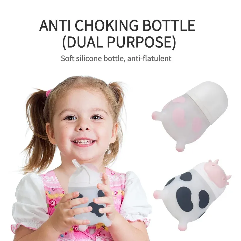 150/240ml Baby Bottle Silicone Anti Colic Baby Bottle Switchable Nipple Design Cute Cow Shape Baby Learning Drinking Cup