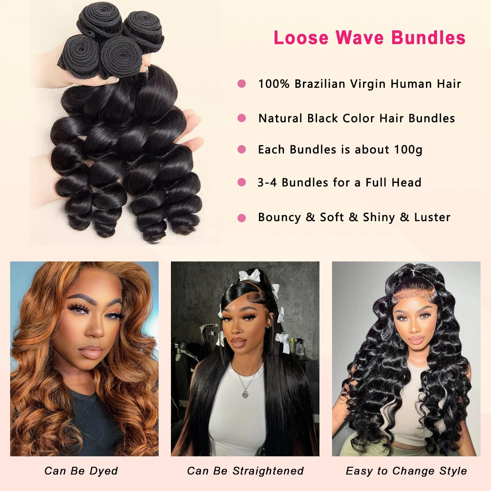 Human Hair Loose Wave 1 3 Bundles 100% Unprocessed Brazilian Virgin Hair Bundles Quick Weaves Hair Extensions Natural Black