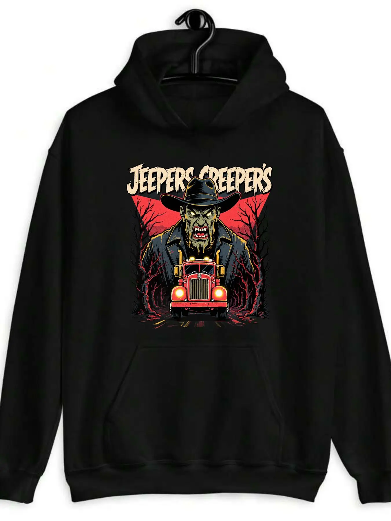 

Horror Movie Hooded Sweatshirt Official Creeper Villain Red Truck Graphic Pullover Spooky Hoodie Film Apparel for Horror Fans