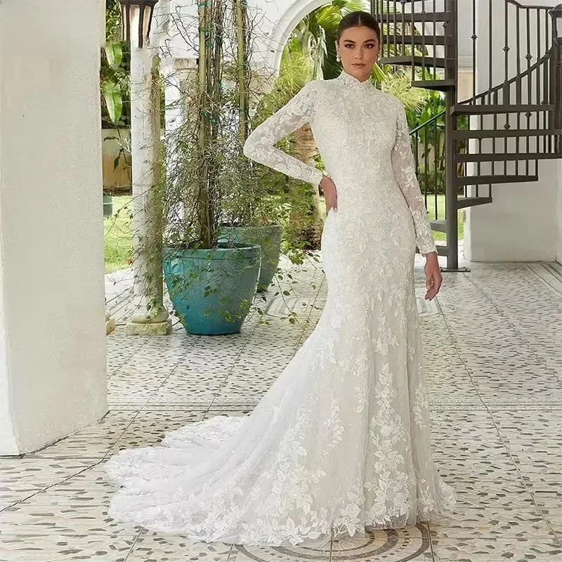 Maßgeschneidertes 2026 Elegantes Meerjungfrauen-Hochzeitskleid mit Spitzenapplikationen, hohem Kragen, langen Ärmeln und Hofschleppe – Brautkleid Vestidos De Novias