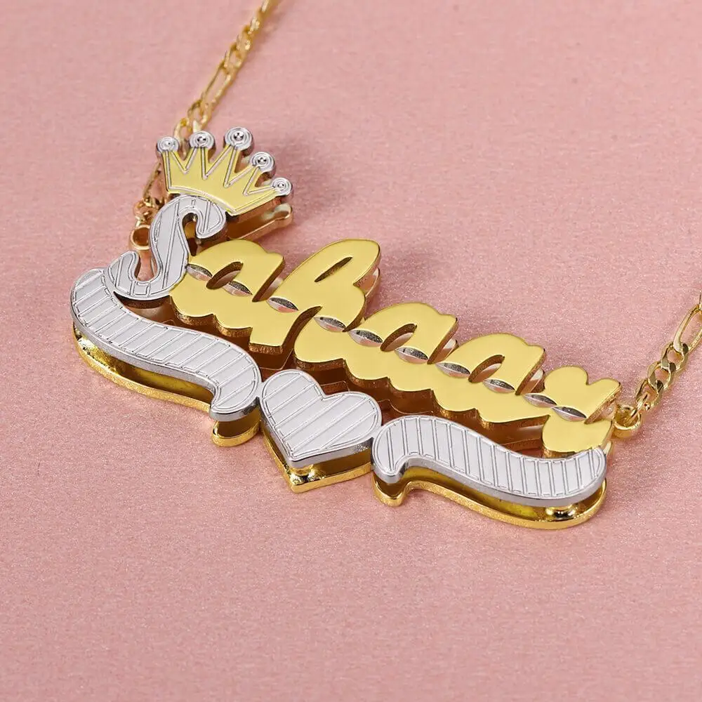 Personalized Crown Name Necklace Two Tone Gold Diamond Heart Pendant Custom Script Name Jewelry Gift for Women crown Christmas