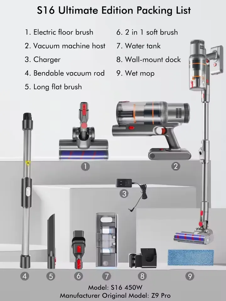 S16 Handheld Vacuum Cleaner 35kPa 450W Powerful 6 in 1 Vertical Cordless Vacuum Cleaner LED Display Handheld Sweeper Machine