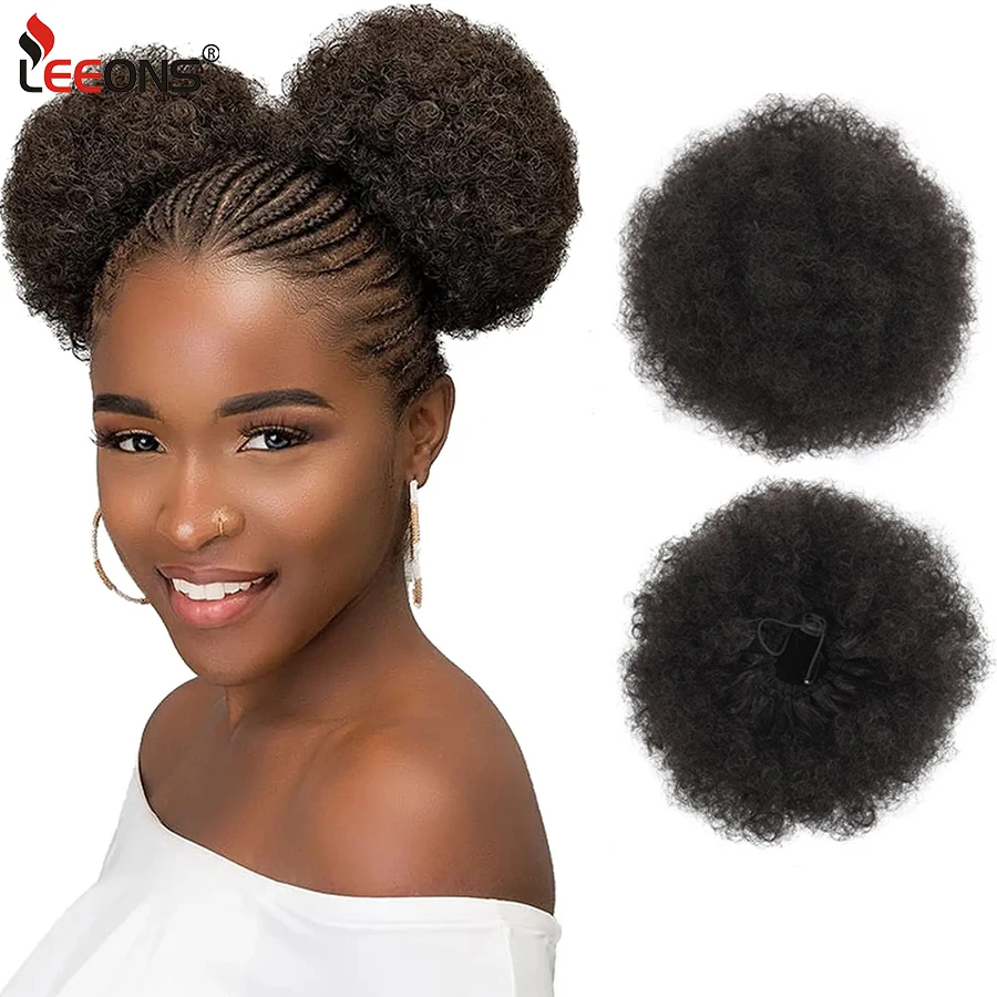 

2Pcs Black Synthetic Hair Bun Afro Puff Drawstring Ponytail For Women High Puff Chignon Short Hair Bun Hairpieces With Clips