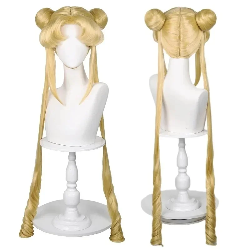 Sailor Moon Tsukino Usagi długie kręcone blond kucyki peruka z 2 kucykami z czapką z peruką na imprezę kostiumową na Halloween — zdjęcie 2