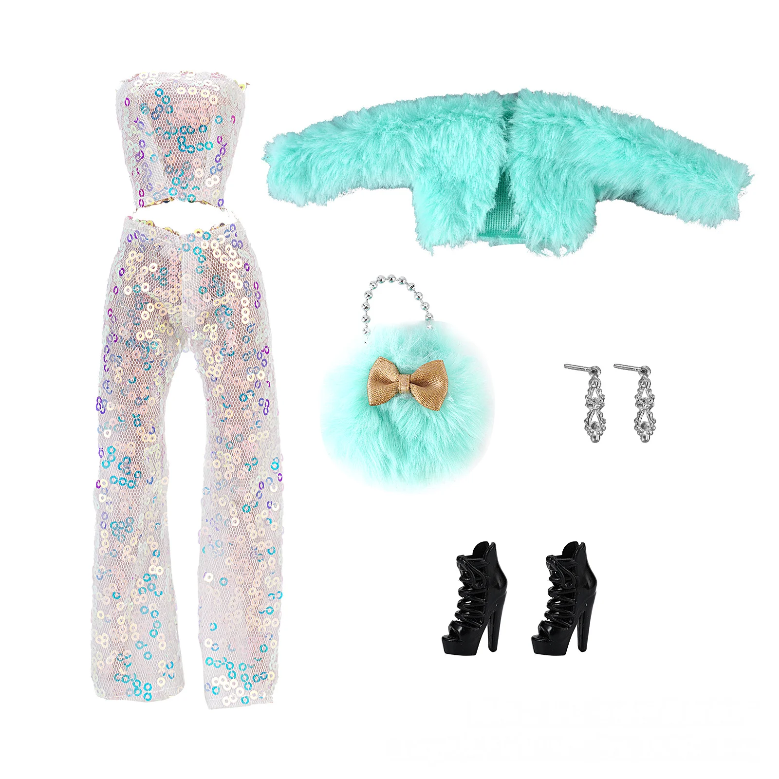 New style winter doll outfit set suitable for 30CM/11.5-inch dolls: plush vest, sequined pants, and bag.