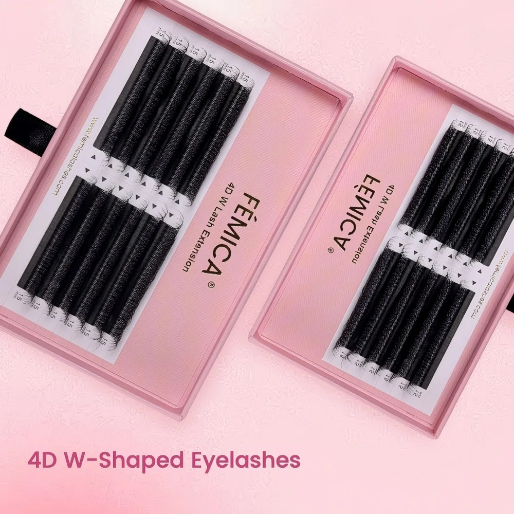 FÉMICA-4D W-vormige wimperextensions, premade volumefans, 0,07 mm W-vormige krul, 3D, 8D-dichtheid, valse wimpers voor make-up