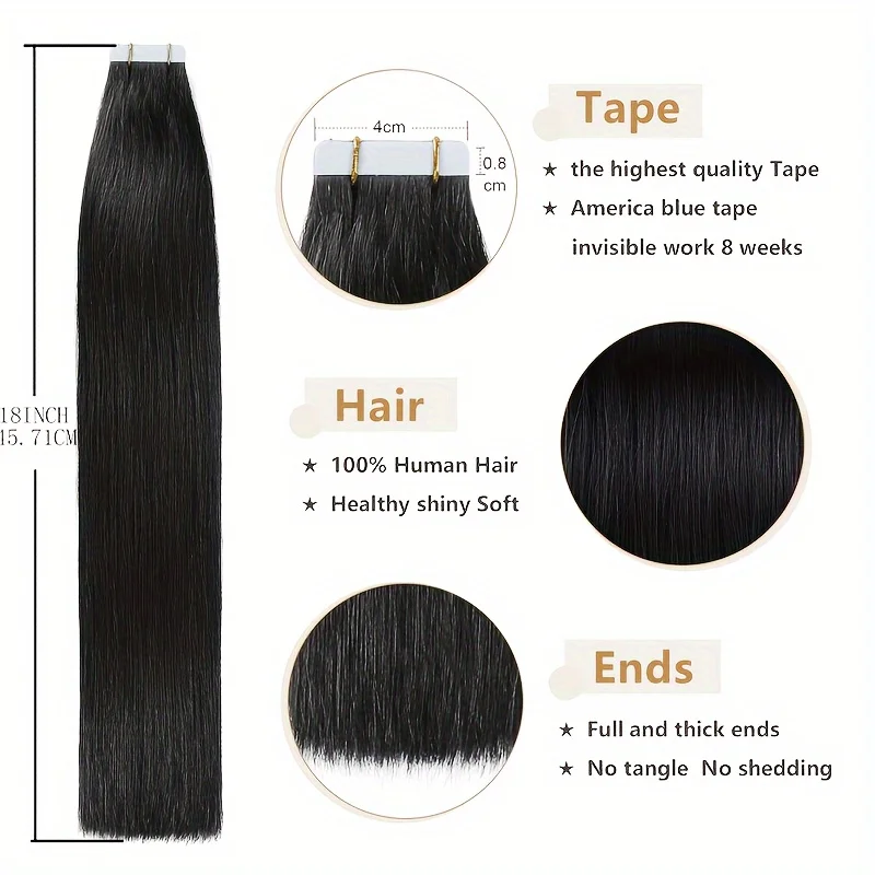 Cinta en extensiones de cabello Cabello humano real # 1 cinta de extensiones de cabello negro azabache en extensiones de cabello de cinta de trama de piel recta sin costuras 50g