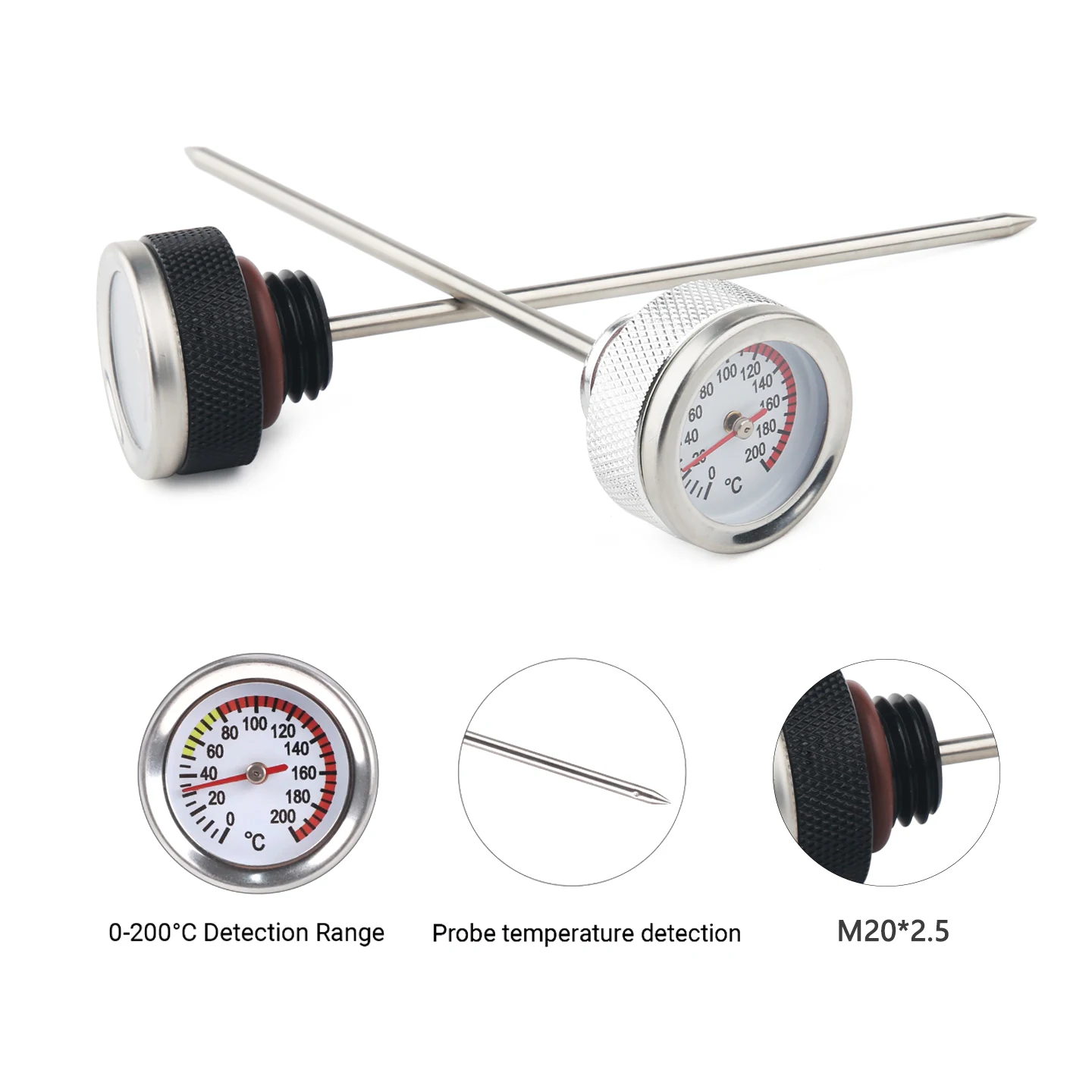 Black/Silver Motorcycle Fuel Tank Caps M20x2.5 Oil Temperature Gauge 35MM with 117MM Probe 0-200 Pointers Thermometer Cap Cover image 4