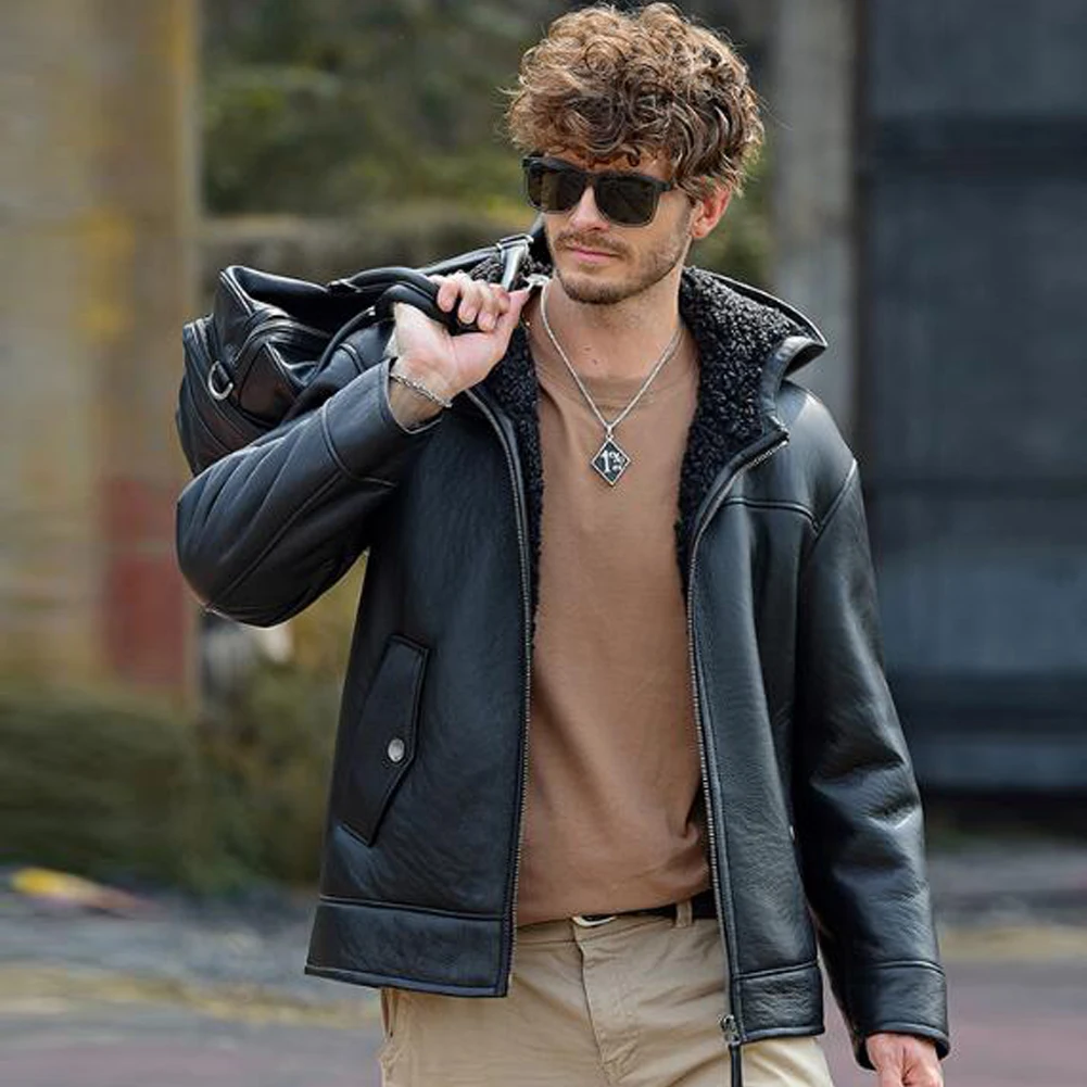 

Denny&Dora Men's Shearling Jacket Hooded Aviator Thick Winter Sheepskin Coat Warm Casual Style