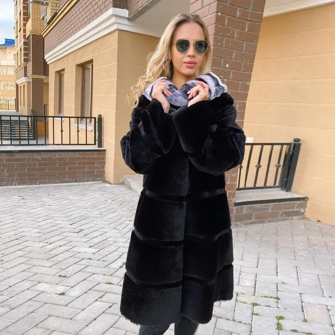 

Women Long Black Real Rex Rabbit Fur Coat with Hood Winter Thick Warm Fur Overcoat Luxury Women Genuine Rex Rabbit Fur Coats