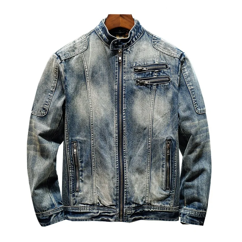 

Spring and autumn trendy brand stand collar denim jacket heavy craft washing Japanese style youth fashion men's jacket