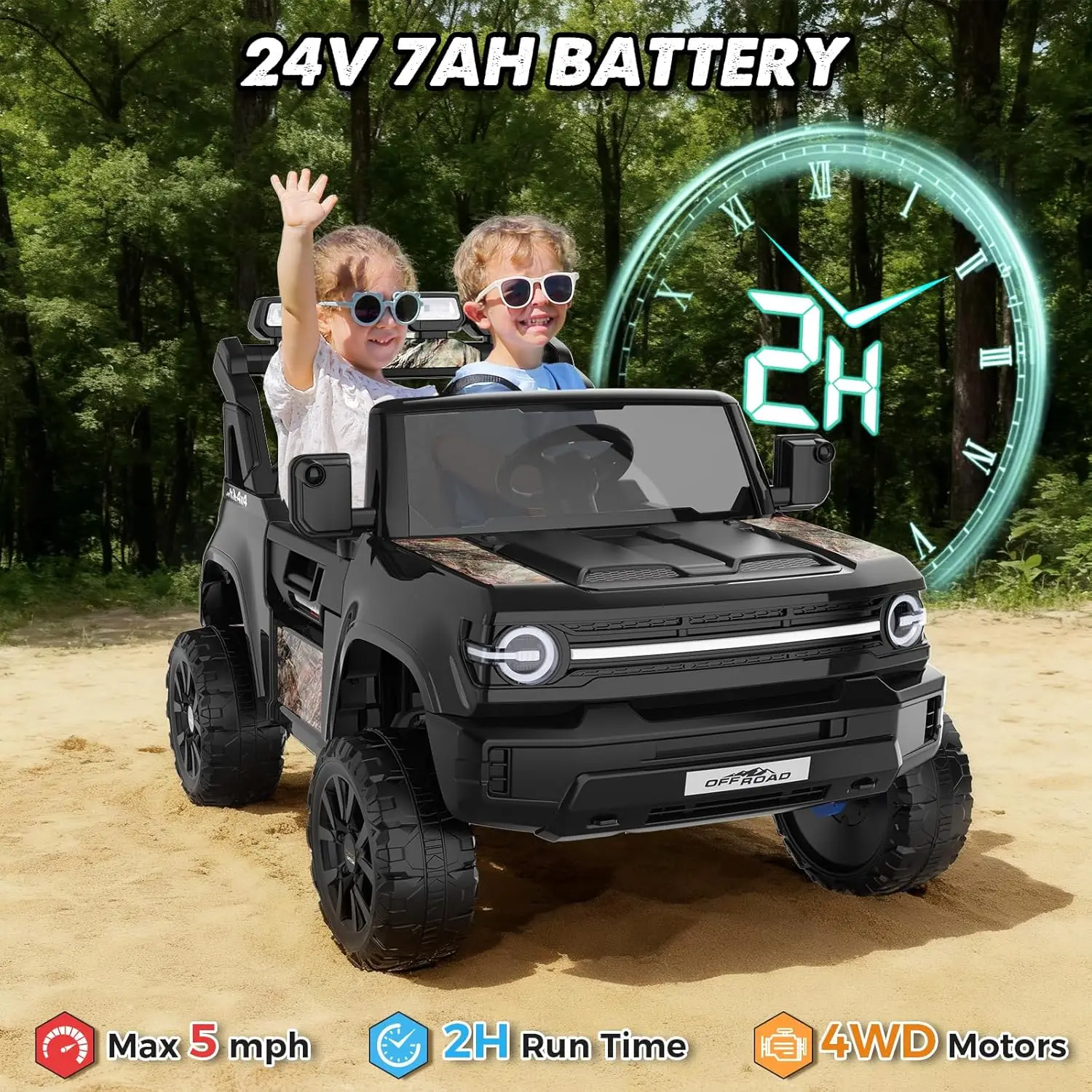 24V elektrische auto voor kinderen 2-zits rit op vrachtwagen met 4x4 krachtige wielen, afstandsbediening, 21" ruime en 4WD/2WD schakelbaar