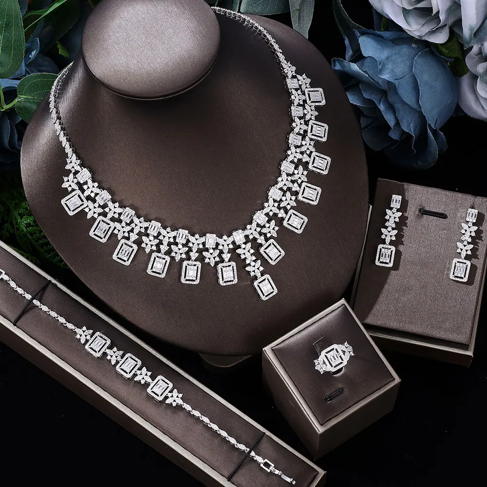 

Luxury Big Zircon Bridal Jewelry Set For Women Dubai Wedding Drop Earrings Necklace 4 Pcs Party Accessories