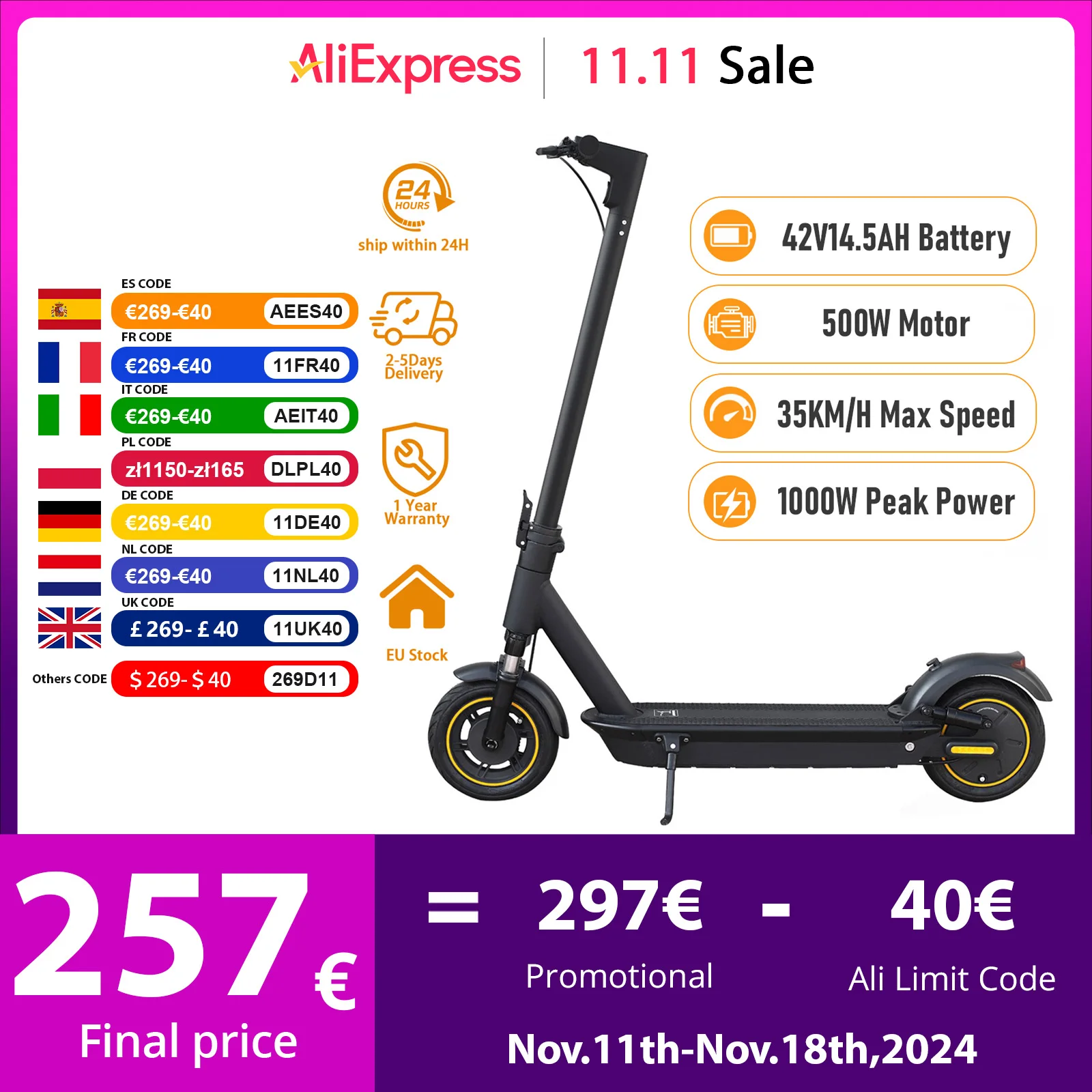 AOVOPRO ESMax 45KM Electric Scooter 35KM/H Fast Speed 1000W Peak Power 10 Inch Anti-puncture Air Tire 14.5AH Folding E-scooter