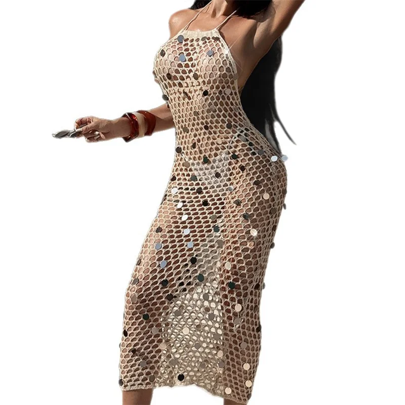 Abito sexy in maglia con paillettes con lacci e scollo all'americana, lungo da spiaggia, bikini all'uncinetto, copricostume estivo, costume da bagno femminile, sarong