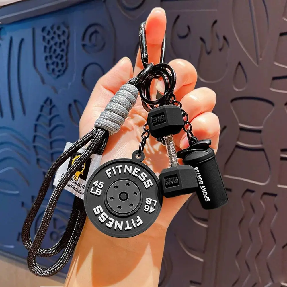 Chaveiro de Haltere Fitness, Mini Garrafa de Água, Pingente de Barra, Charm para Bolsa, Presente para Amantes de Academia, Chaveiro para Mochila e Chave de Carro