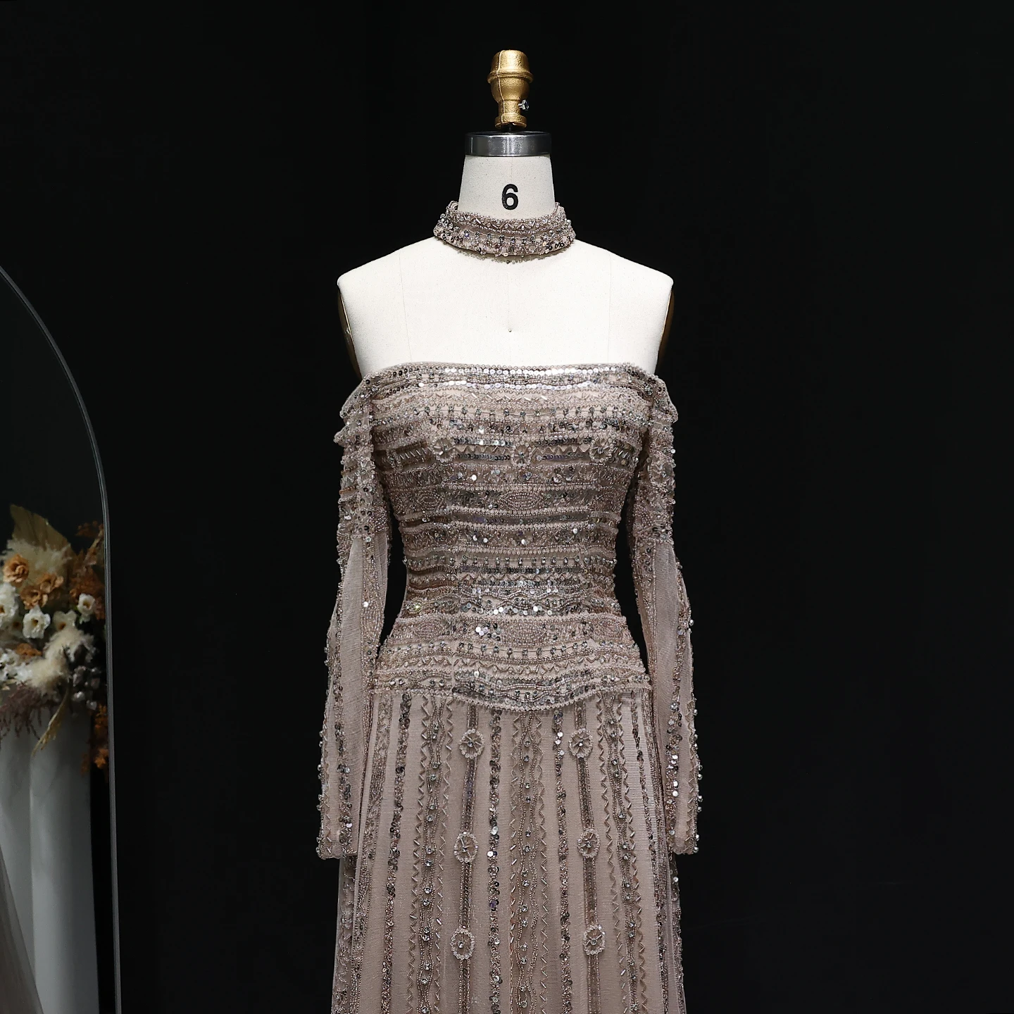 Sharon Said Luxury Silver Beaded Elegant Off Shoulder Evening Dress with Choker Long Sleeves Luxury Wedding SS178 Customized