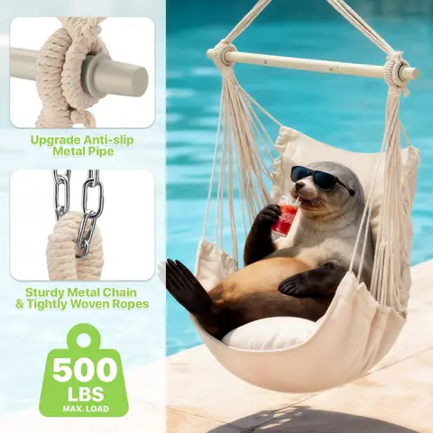 Fauteuil suspendu de patio amélioré, chaise suspendue en corde avec 2 coussins inclus, chaise suspendue en tissu rayé, robuste et durable, douce, balancelle de luxe pour terrasse extérieure, balcon, jardin, camping, corde de fixation incluse.