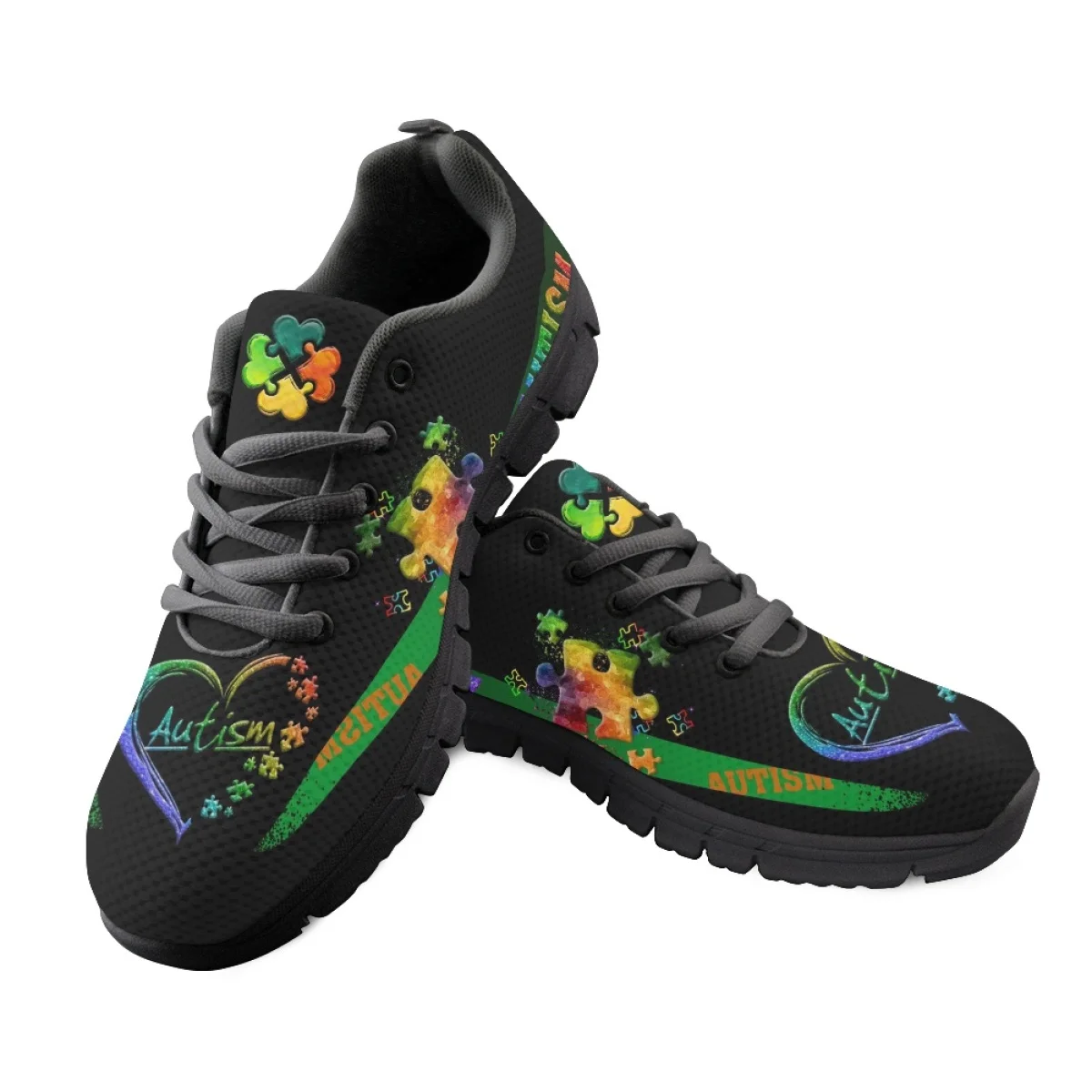 INSTANTARTS 2023 Ladies Lace-up Sneakers Autism Awareness Love Design Breathable Flat Shoes for Women Shockproof Sport Sneakers