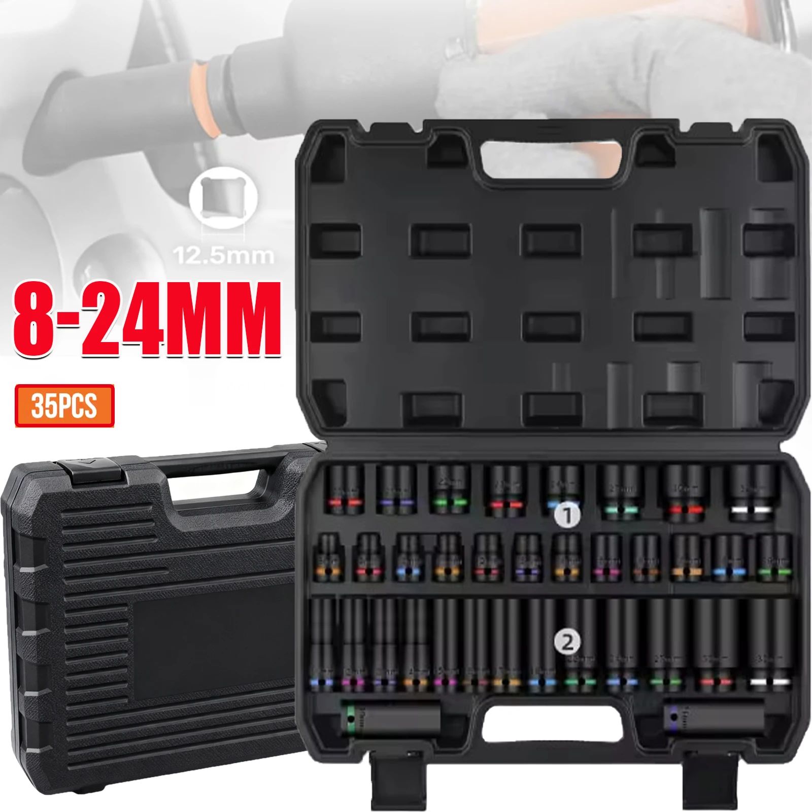 Weiler 35pcs Impact Socket Set " Drive 8-24mm Thick-wall Crv Steel Pneumatic