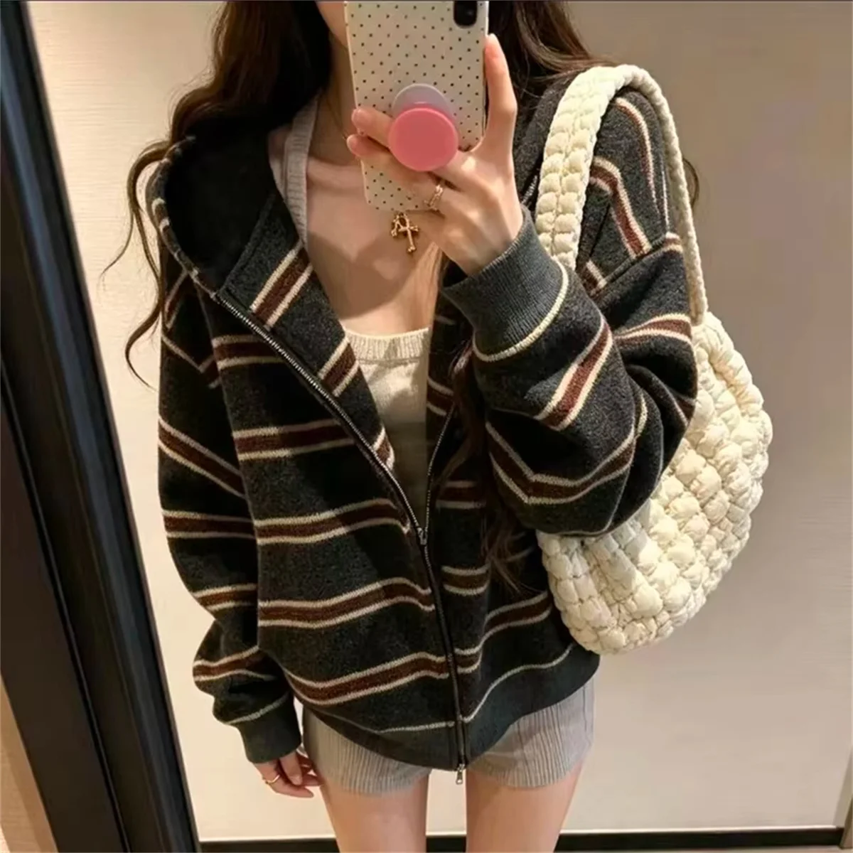 American Striped Hooded Cardigan for Women Autumn Retro Loose Zip-up Knitted Sweater Woman Y2K Streetwear Sweater Outerwear