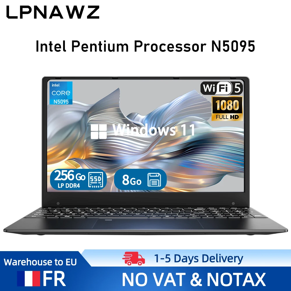 PC Portable 15,6" FHD - Intel N5095, 8Go RAM, 256Go SSD | Windows 11 Préinstallé en Français | Clavier AZERTY (Protection Incluse) | Idéal pour Études, Travail, Jeux et Streaming 1080P | Design Élégant en Noir ou Rose - Ultra-mince