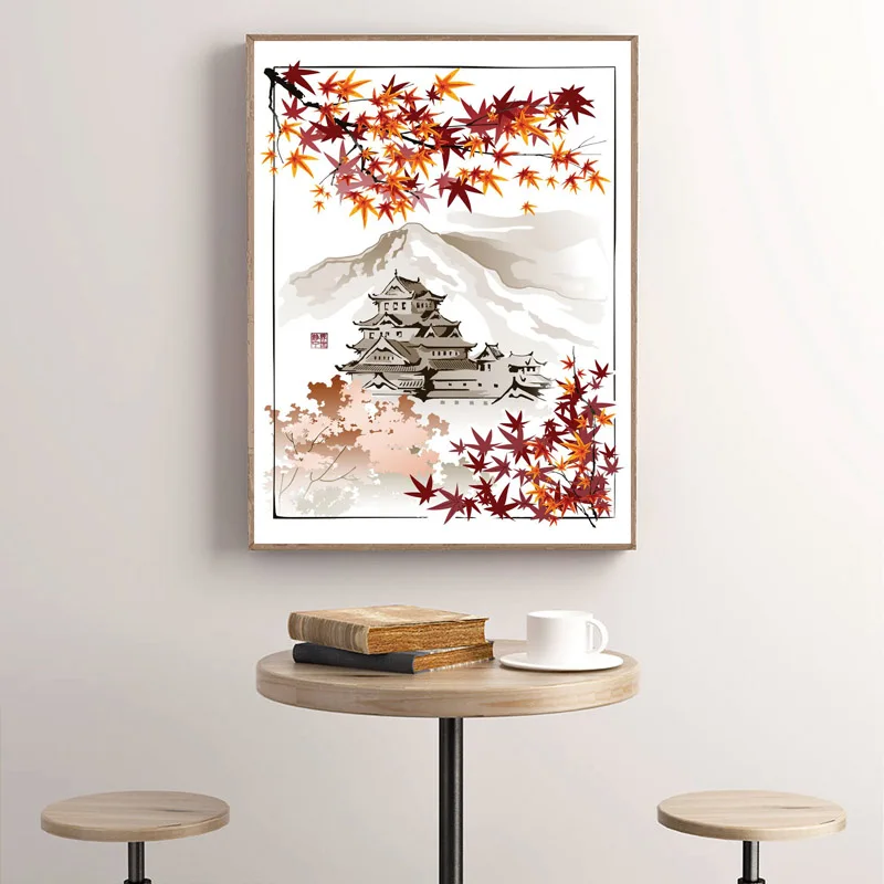 Landscape Poster Canvas Painting Abstract Japanese Pagoda Mountain Wall Art Prints Nordic Maple Leaf Pictures Bedroom No Frame