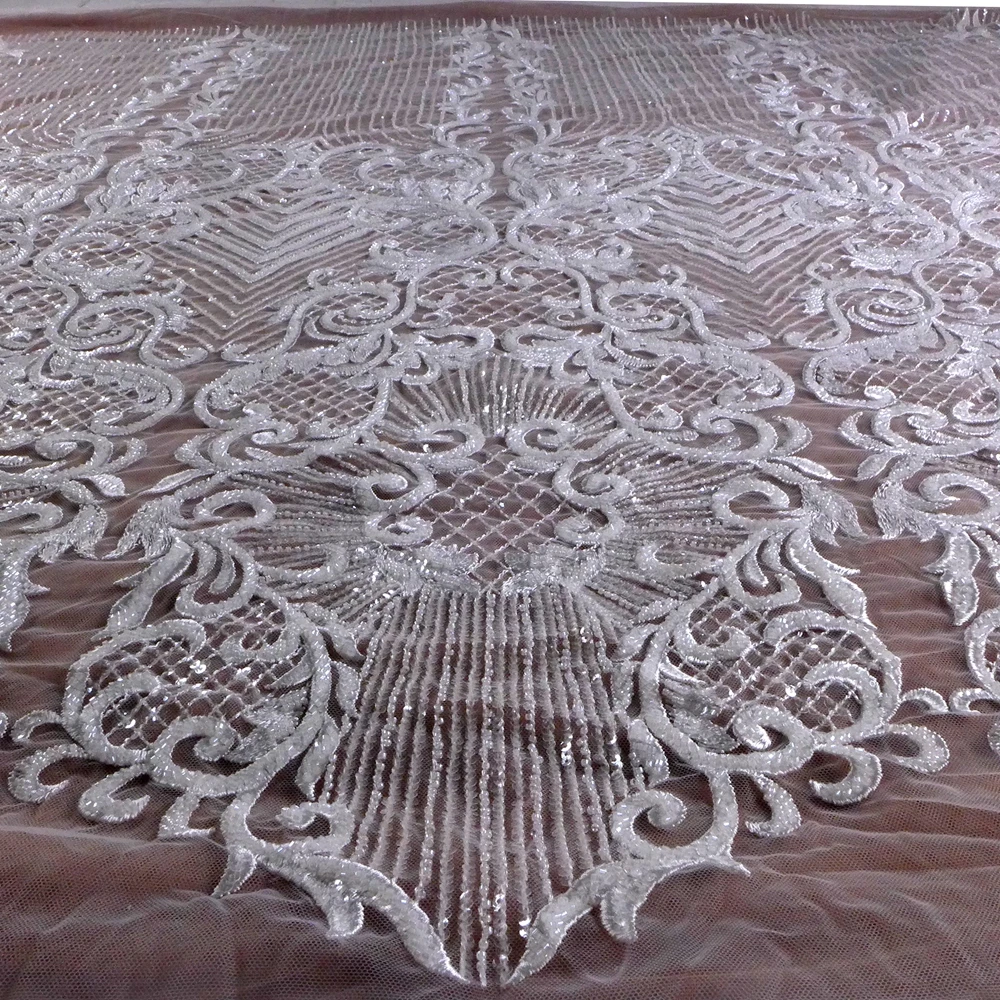 HelluyerDC White heavy beaded lace fabric,One-sided large patterns lace for,wedding,evening,dance gown dress by the yard