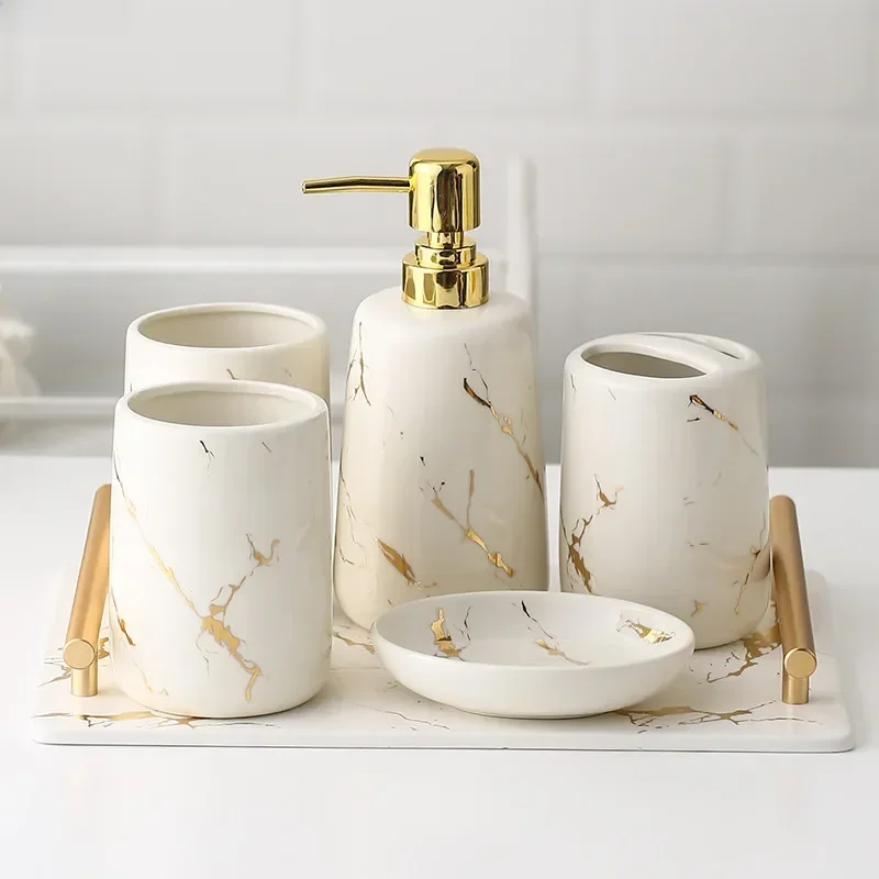 Ceramiczne przybory toaletowe zestaw łazienkowy marmurowy kubek porcelanowy uchwyt na szczoteczki do zębów/dozownik do mydła/taca dekoracja łazienki akcesoria — zdjęcie 2