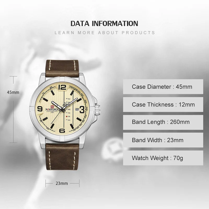 NAVIFORCE Luxury Brand Watches for Men Waterproof Date Display Quatrtz Clock Leather Strap Creative Wristwatch Relogio Masculino