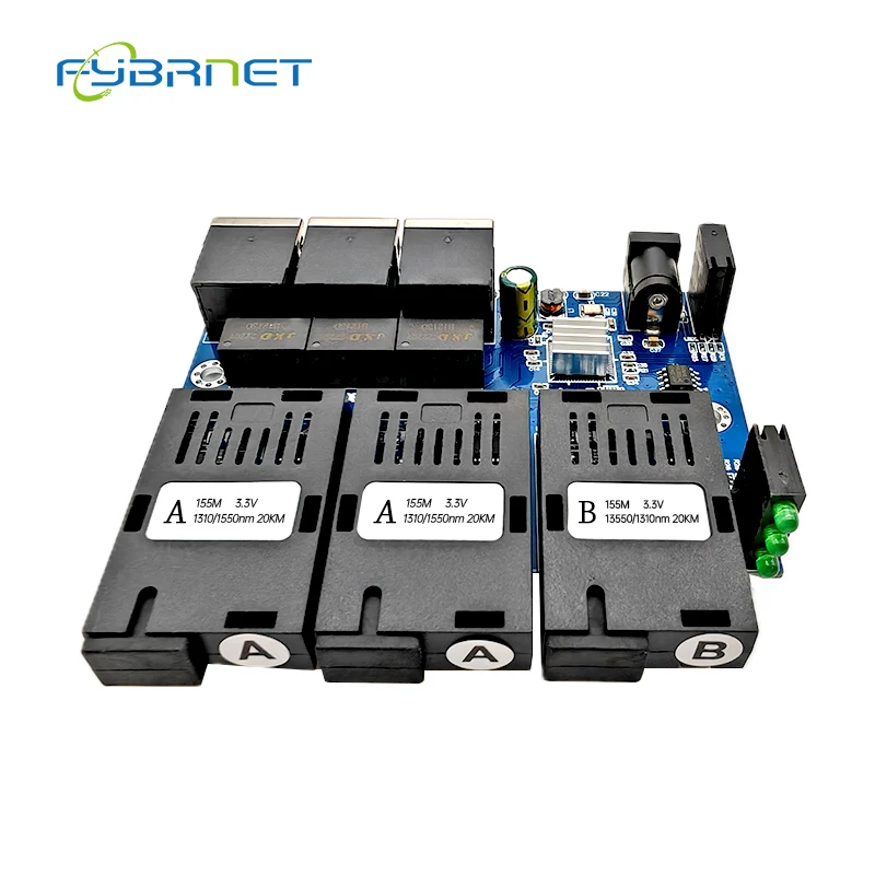 155MBPS placa metro switch PCBA Fibra Optic Media Converter 20km Board 3 Fiber 3 RJ45 Support RPOE Simplex SC Fiber Switch board