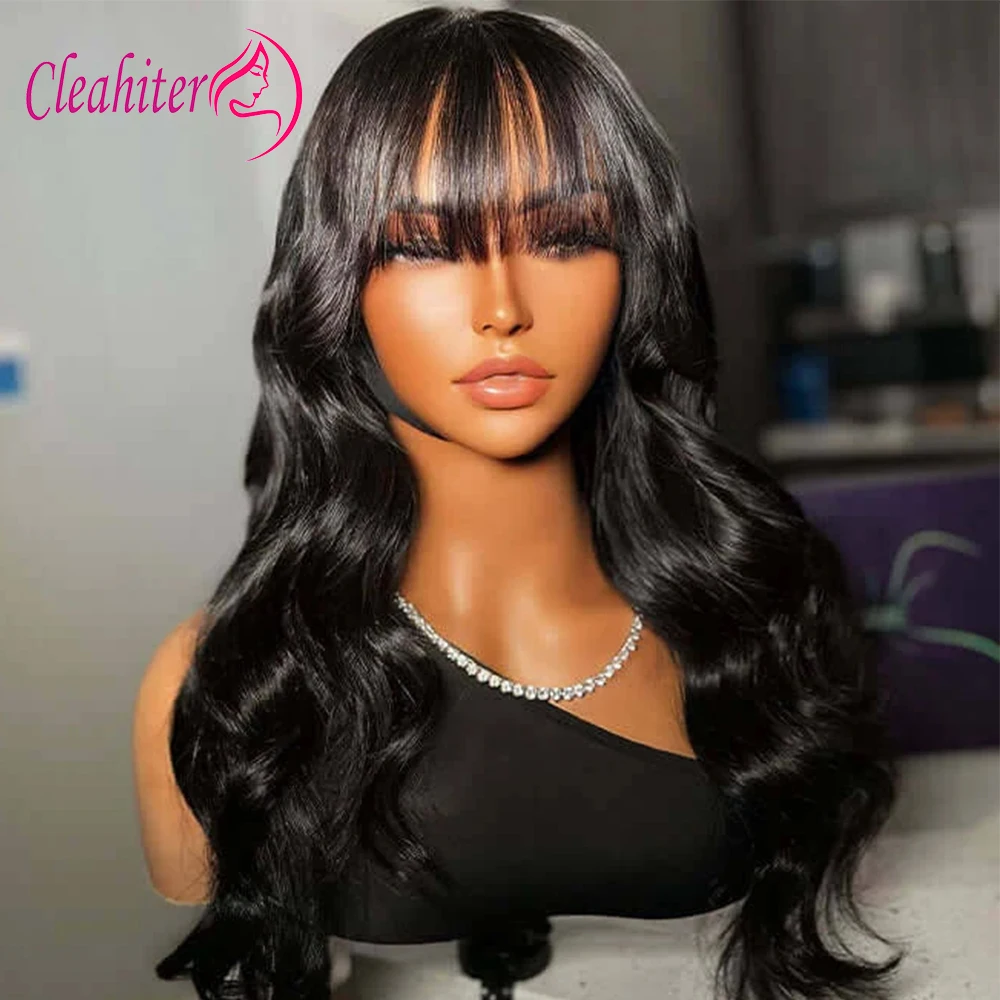 

Human Hair Body Wave Wig With Bang Pre Plucked 13x4 Transparent Lace Frontal Wigs 4x4 Closure Wig Brazilian Remy Bleached Knots