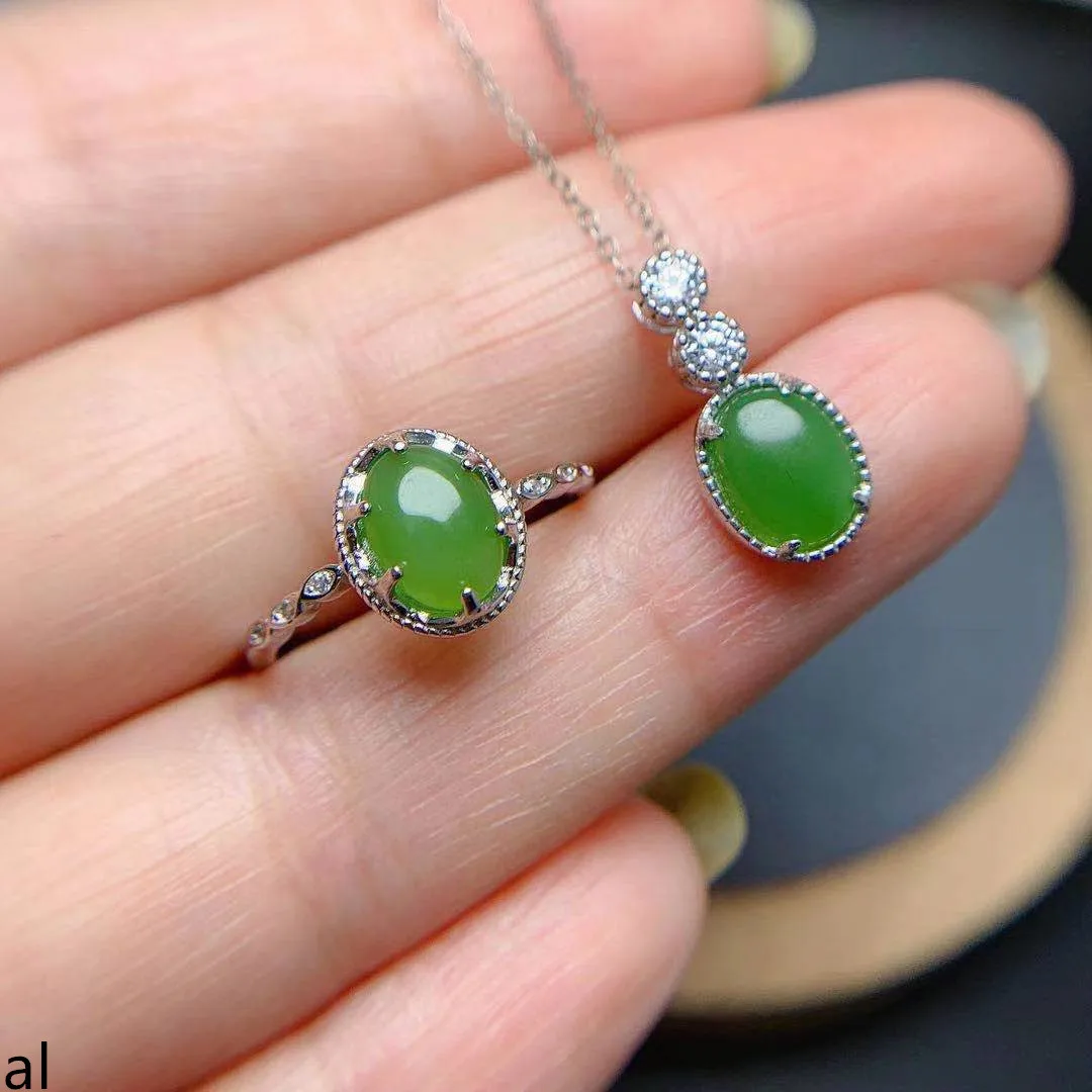 

KJJEAXCMY Boutique Women's Jewelry Set 925 Pure Silver Natural Jade Ring Pendant Necklace 3 Wedding Party Birthday Gift