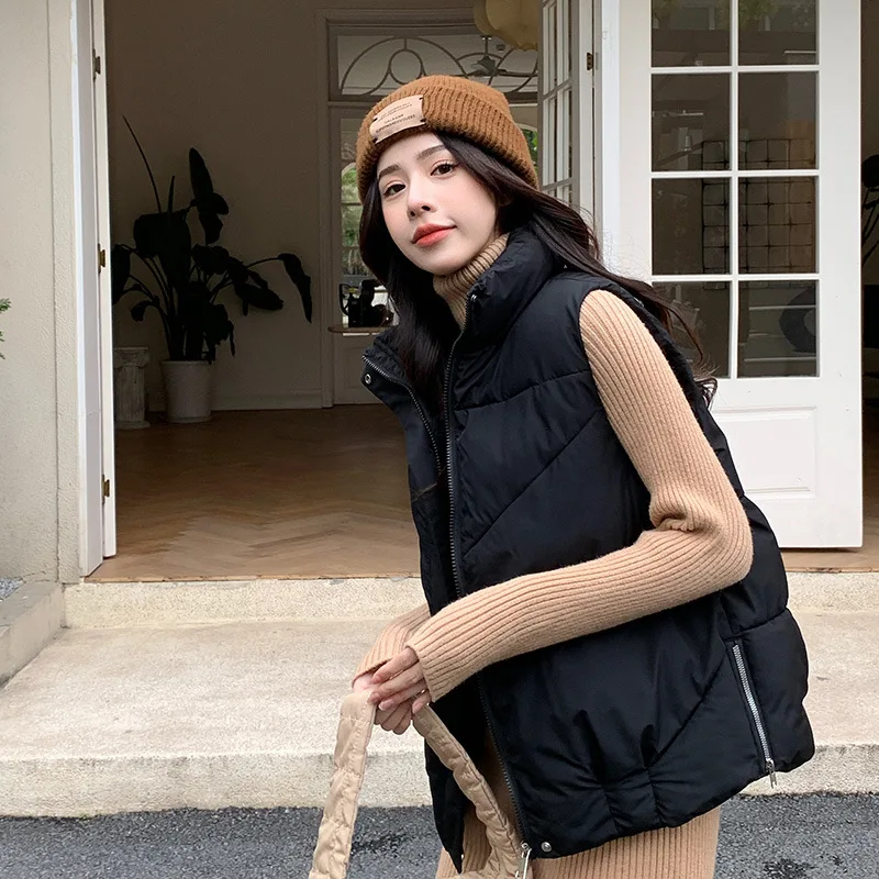 

2023 Autumn/Winter Solid Color Side Zipper Loose Down Cotton Vest Women's Sleeveless Cotton Waistcoat