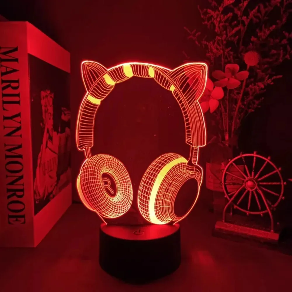 New Headphones 3D Illusion Night Light Headset Desk Setup Table Lamp Cool Game Console Room Decor Light for Kids Christmas Gift