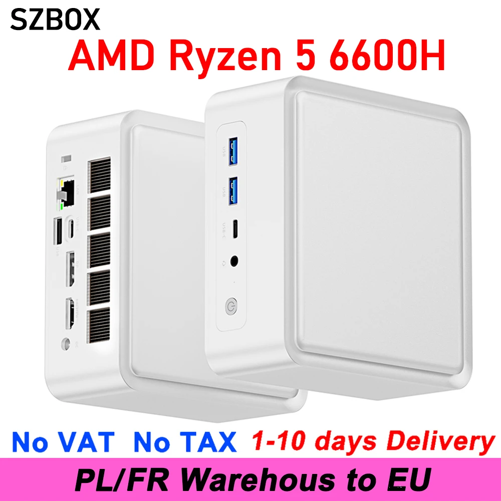 Mini PC SZBOX Z66 con AMD Ryzen 5 6600H, 2*DDR5, 2*M.2 2280 SSD, PCIE3.0, 16GB, 512GB, WIFI6, BT5.2, USB4.0, para Juegos y Oficina, con Windows 11 Pro