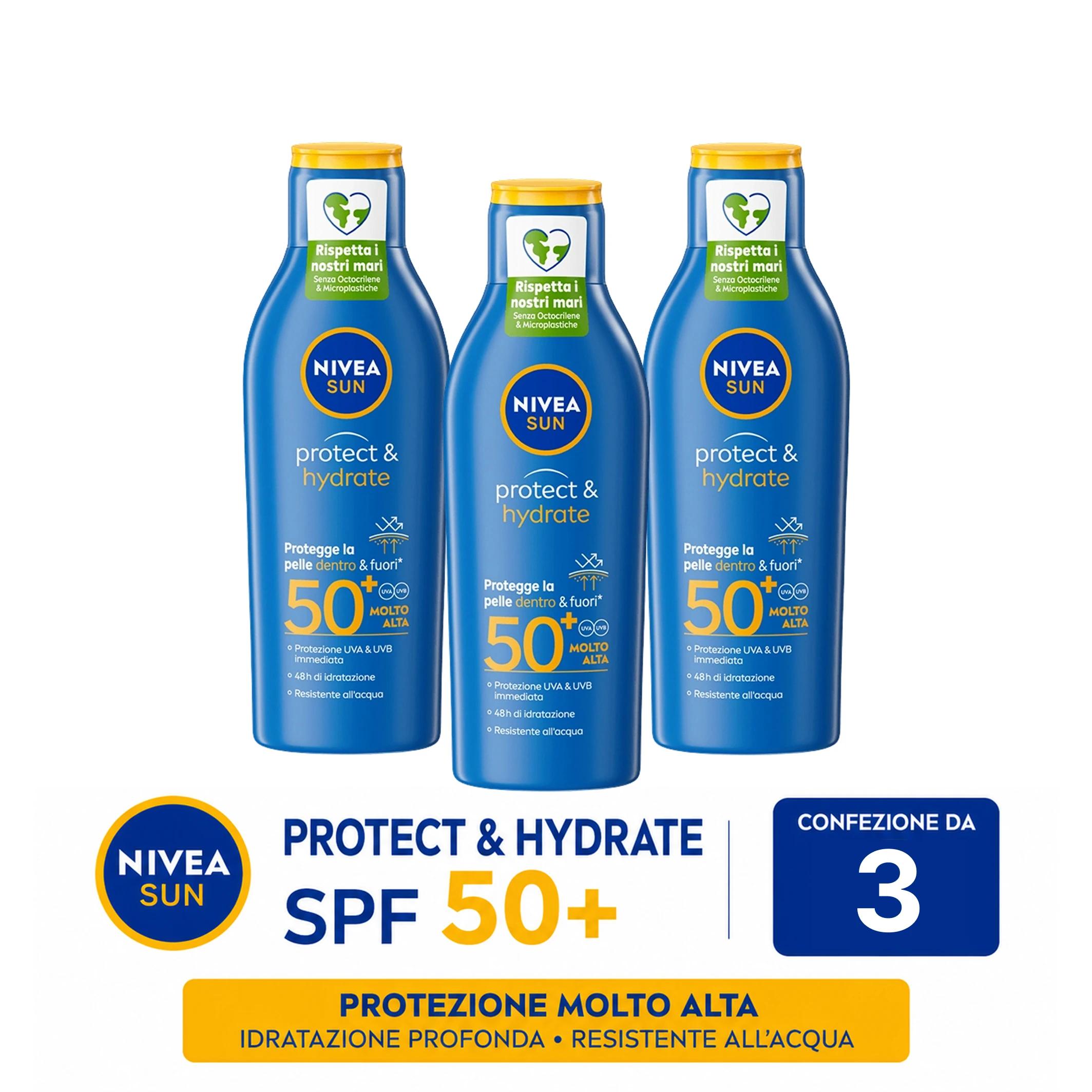 Confezione da 2 o 3 flaconi NIVEA SUN Protect & Hydrate Latte Solare SPF 50 200 ml, protezione corpo alta per mare, viaggio, vacanze e attività