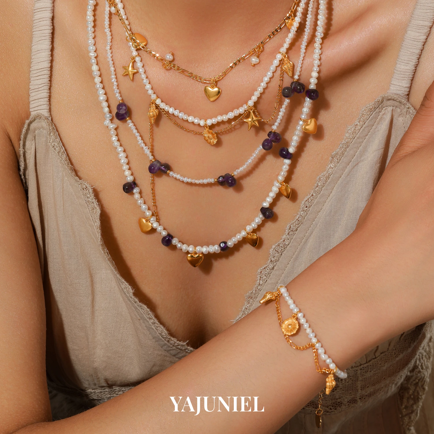 YAJUNIEL Elegant Natural Freshwater Pearl Bracelet for Women with Starfish Seashell Charms 24K Real Gold Plated Jewelry Gift