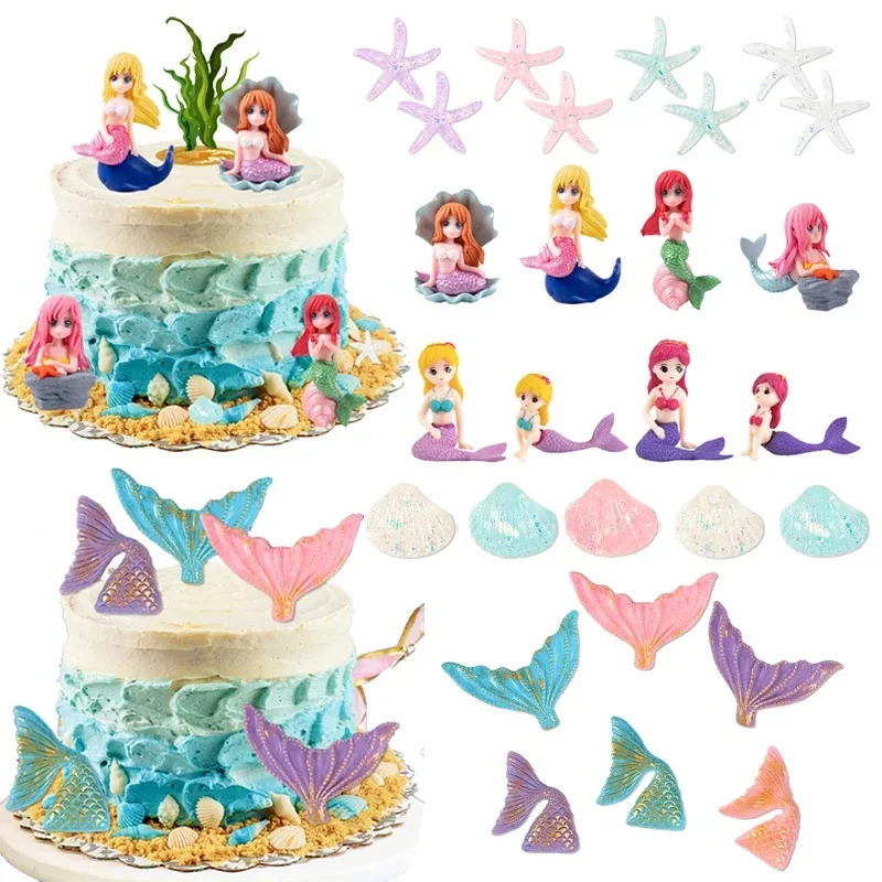 Décoration de gâteau de sirène, Figurines de poupée de sirène, coquille de queue de sirène, décorations de gâteau étoile de mer sous la mer, décor de fête d'anniversaire pour filles