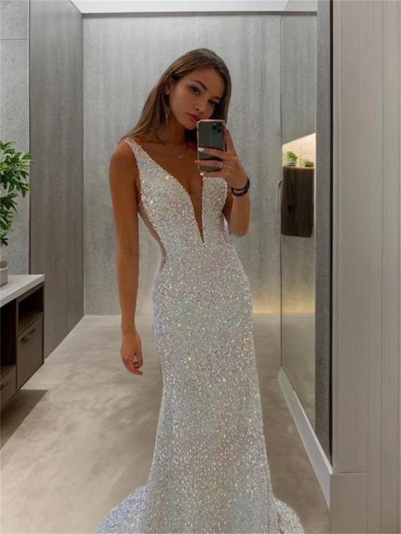 

Women'S Sequin Mermaid Long Evening Dress Sexy V Neck Spaghetti Strap Backless Prom Dresses Shiny Party Cocktail Gown