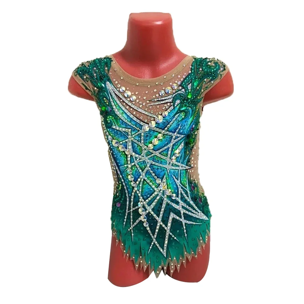 LIUHUO Rhythmische Gymnastik-Trikots für Damen, grün, Spandex, Strasssteine, Wettbewerb, rhythmische Kostüme BD747
