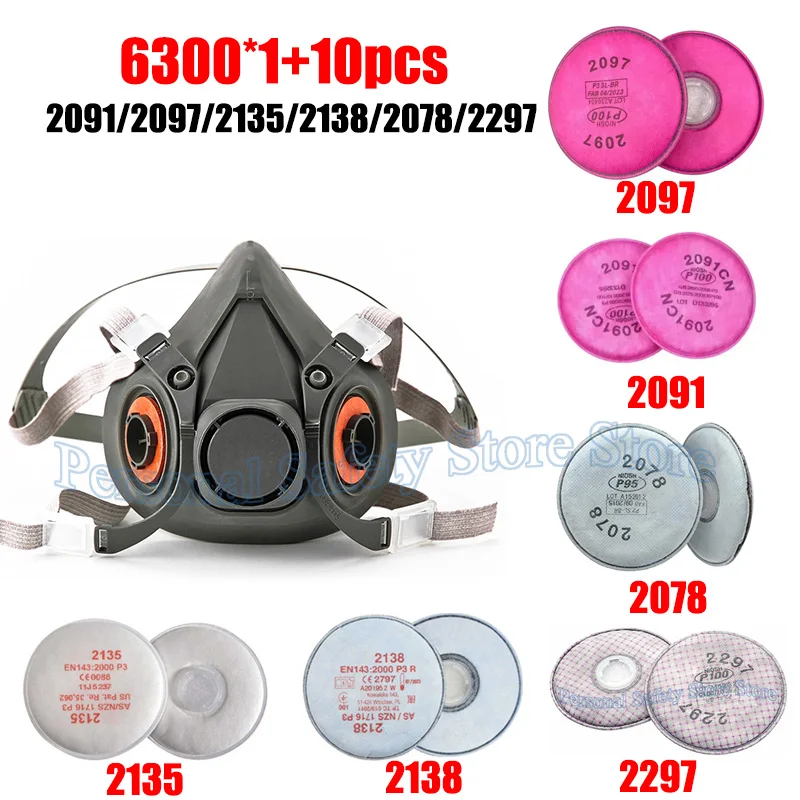 

6300 Reusable Half Facepiece Respirаtor Mask With 2091/2097/2135/2138/2078/2297 Filter Set For Epoxy Dust Paint Organic Vapor