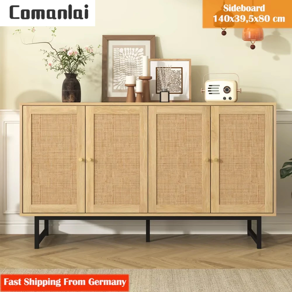 Aparador Comanlai con 4 puertas de ratán, mueble buffet moderno con gran espacio de almacenamiento, para comedor, cocina, 140x39,5x80cm