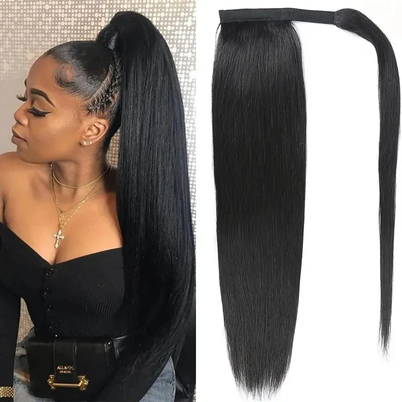 Straight Human Hair Ponytail Extensions Wrap Around Clip In Ponytail Extensions For Women&girls 10-30 inch Magic Paste Pony Tail