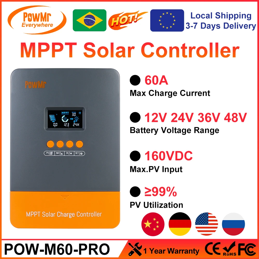 

PowMr MPPT 60A Solar Charger Controller Blacklight LCD Regulator Max PV Input 160VDC Support 12V 24V 36V 48V Lithium battery