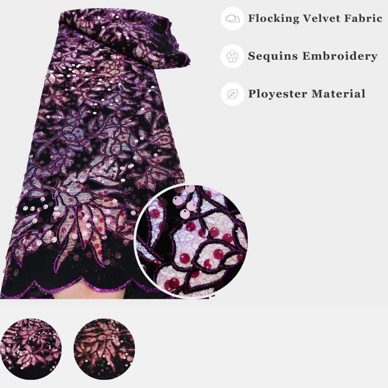 Sophisticated Flocking Velvet Fabric with Layered Floral Embroidery Sequins Hollow-Out for Gorgeous Custom Banquet/Evening Dress