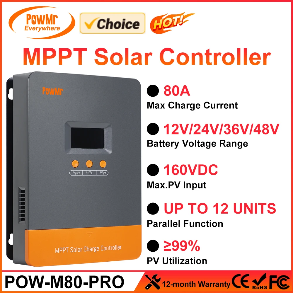 PowMr Choice 80A MPPT Solar Charger Controller 12V 24V 36V 48V for 160V Panel Regulator LCD Support Various Load Control Modes