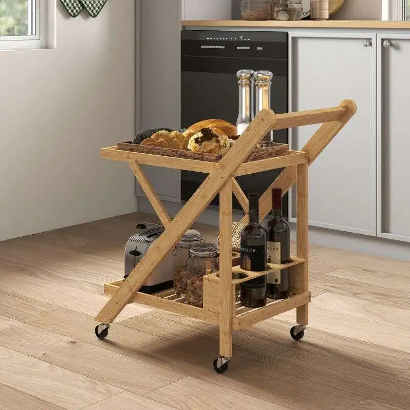 Chariot de cuisine pliable à 2 niveaux avec porte-bouteilles en bambou