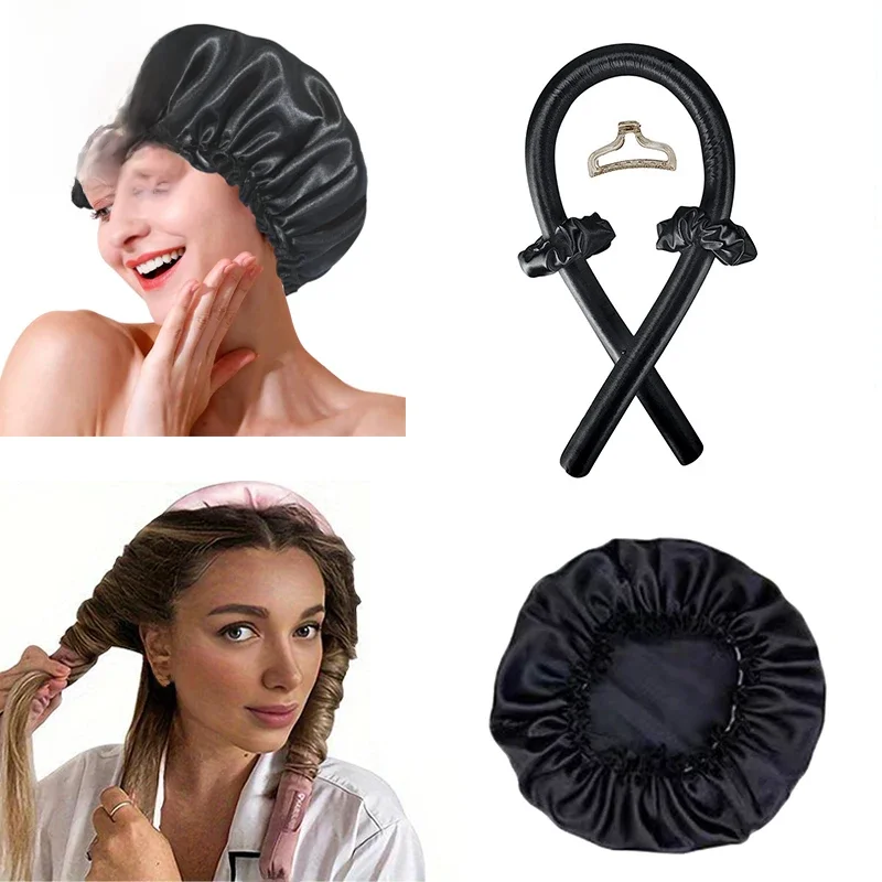 Ensemble de bonnets de couchage en Satin de soie, 2 pièces, sans chaleur, couvre-chef pour cheveux bouclés naturels, soins capillaires longs, outil de bouclage ondulé