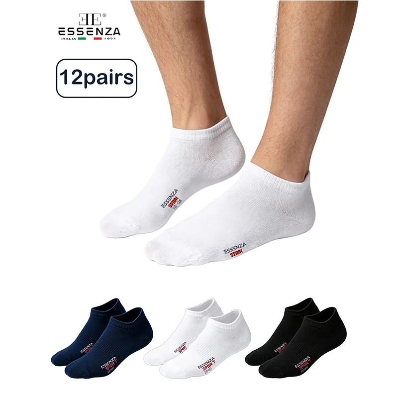 ESSENCE 12 paires de chaussettes courtes unisexes en coton respirant, chaussettes de sport, chaussettes de baskets décontractées pour tous les jours, taille 35/38 39/42 43/46 blanc noir bleu ES3805